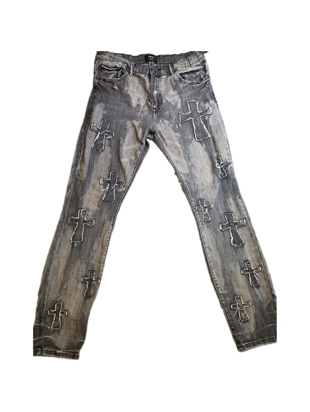 Forever 21 Men's Cross Patch Bleached Jeans Size 33 Distressed Flaw Streetwear